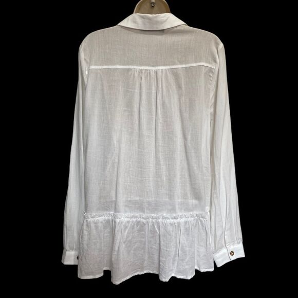 Doe & Rae White Cotton Lightweight Peasant Blouse Ruffle Hem Sz L - Picture 2 of 10